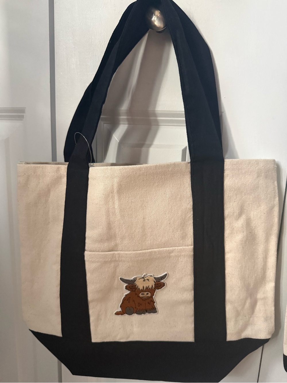 Canvas Tote Bag with Black Trim and Highland Cow Patch